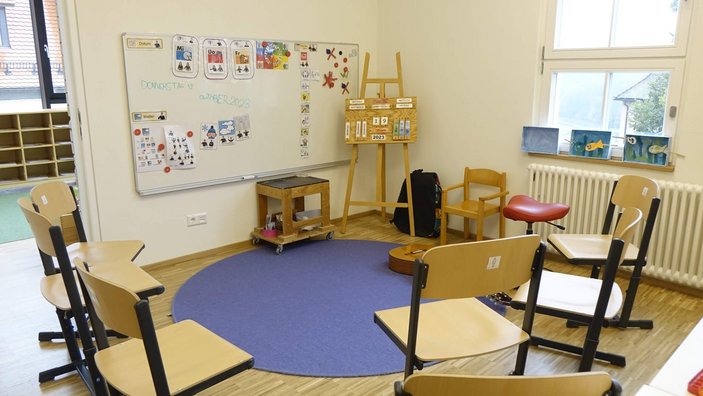 Man sieht eine Art Stuhlkreis. Die Stühle zeigen auf eine Tafel und eine Staffelei 