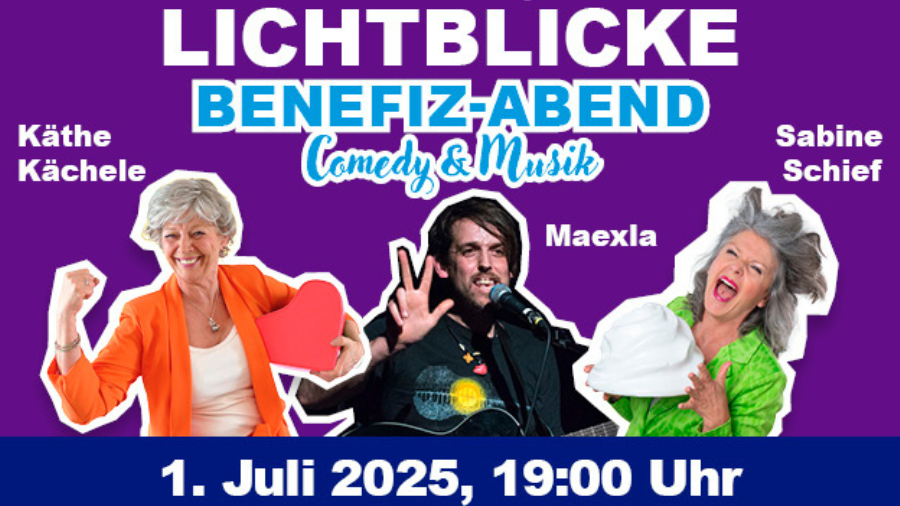 Plakat des Benefiz-Abends 2025 mit den drei KünstlerInnen und Informationen zur Veranstaltung.