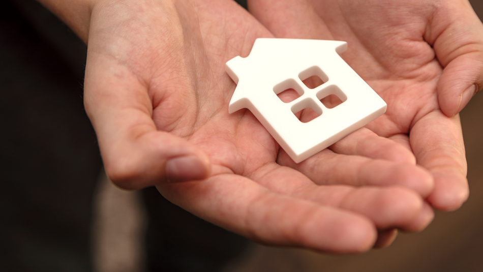 Zwei Handflächen sind aneinander gelegt und in der Mitte der Handflächen befindet sich ein kleines Haus aus Holz.