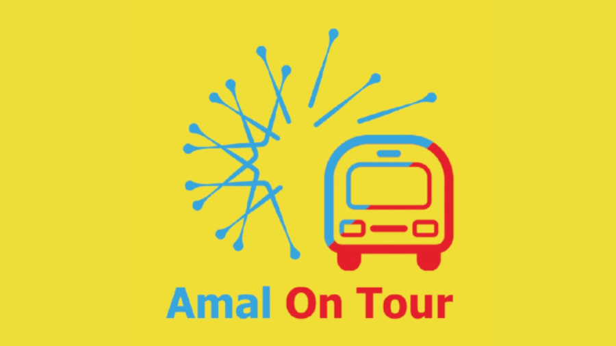 Logo des Projekts Amal On Tour auf gelbem Hintergrund.