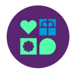 Logo der Marke "Junge Diakonie" mit verschiedenen Formen und Elementen auf einem lila Kreis.