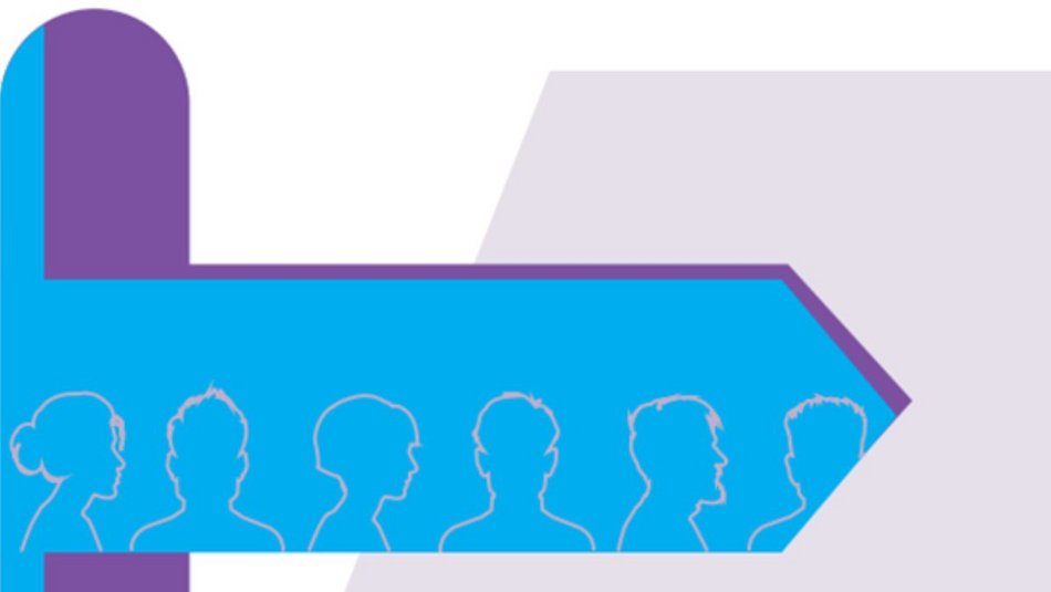 Bild zeigt einen blauen Pfeil in dem 6 schematisch Köpfe sind