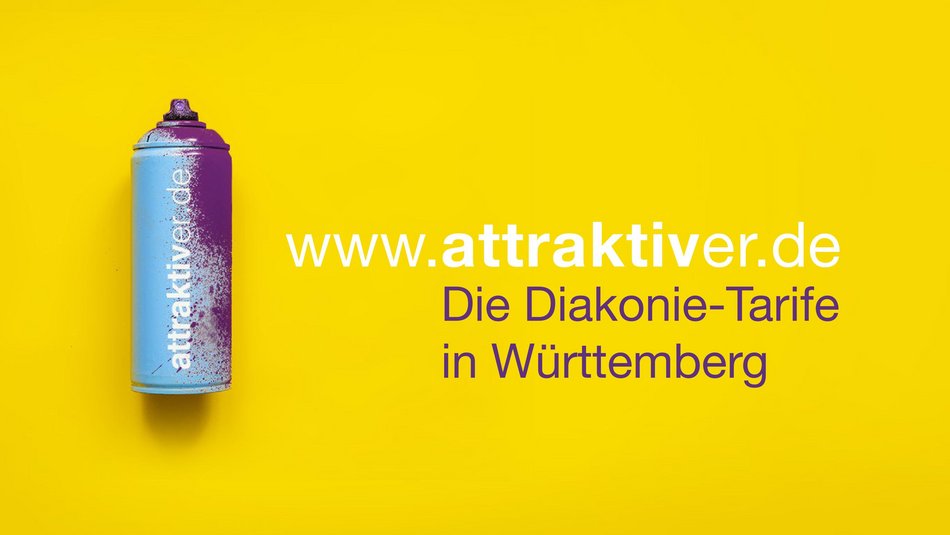 Zu sehen ist eine Spraydose vor einem gelben Hintergrund. Daneben steht www.attraktiver.de, die Diakonie-Tarife in Württemberg.