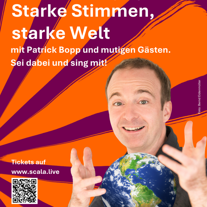 Einladungsflyer zur Veranstaltung "Starke Stimmen, starke Welt" mit Patrick Bopp
