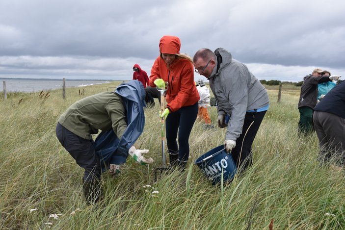 Drei Personen sammeln im Grünen an einem Gewässer Müll auf.