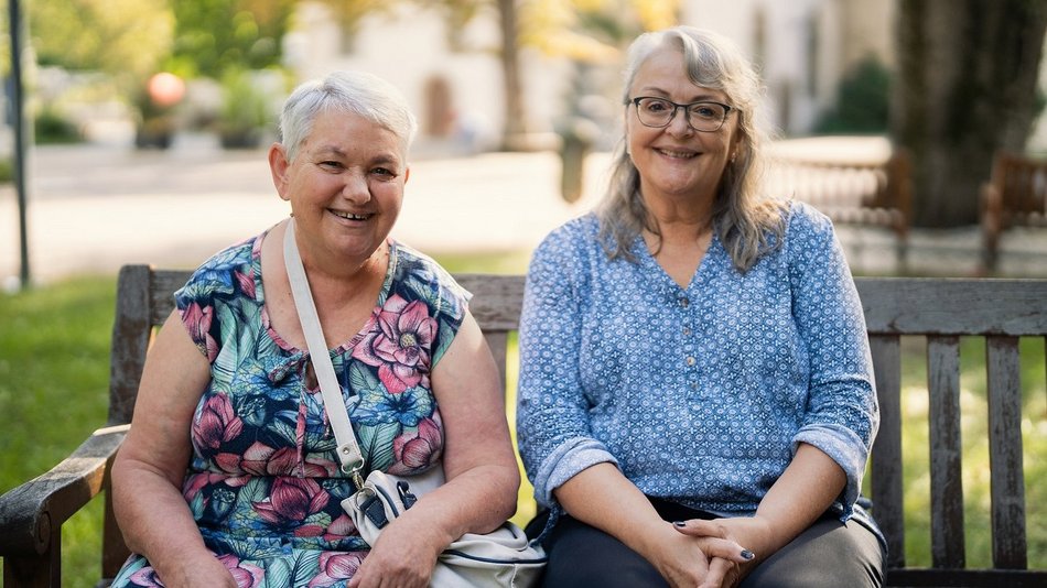 Bild zeigt Claudia mit einer weiteren Person auf einer Bank im Park