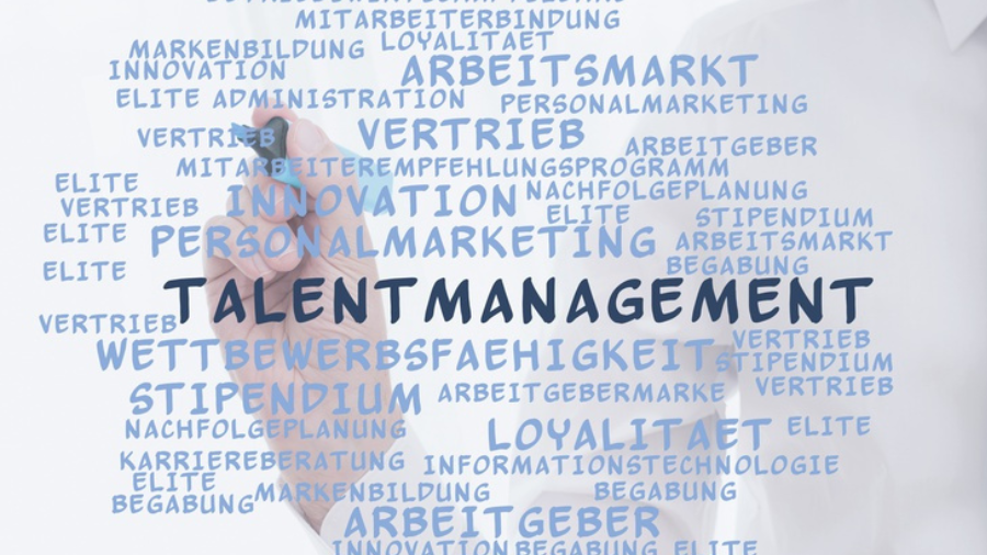 Viele Wörter zum Thema Personal werden an eine durchsichtige Tafel geschrieben.