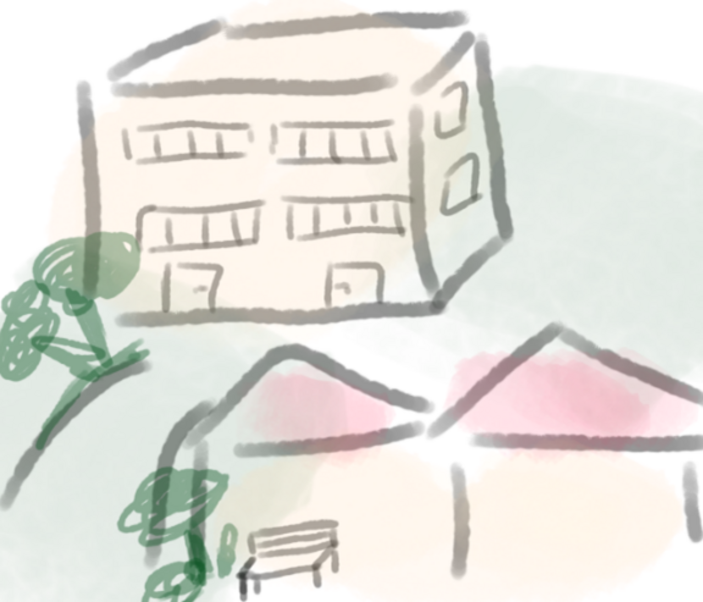 Gezeichnetes Bild einer Einrichtung mit Bäumen und Häusern darum herum.