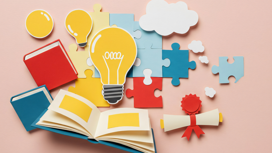 In der Mitte eine leuchtende Glühbirne und drum herum Puzzleteile, Bücher, Wolken, weitere Glühbirnen. Gezeichnete Darstellung.