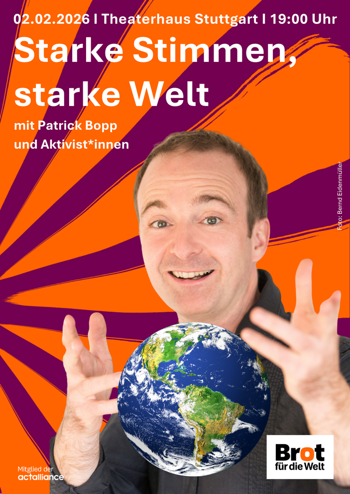 Der Sänger Patrick Bopp ist auf einem Plakat zu sehen. Das Plakat hat einen lila orangenen Hintergrund. Patrick Bopp lacht und zwischen seinen Händen schwebt eine Weltkugel. Weitere Informationen zur Veranstaltungen sind auf das Plakat gedruckt.