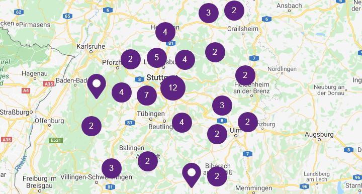 Eine digitale Karte mit Markern von Beratungsstellen.