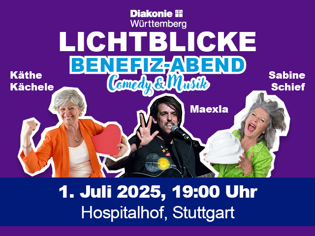Lila Plakat mit großer weiß-blauer Schrift "Lichtblicke Benefiz-Abend" und Fotos der drei Künstler