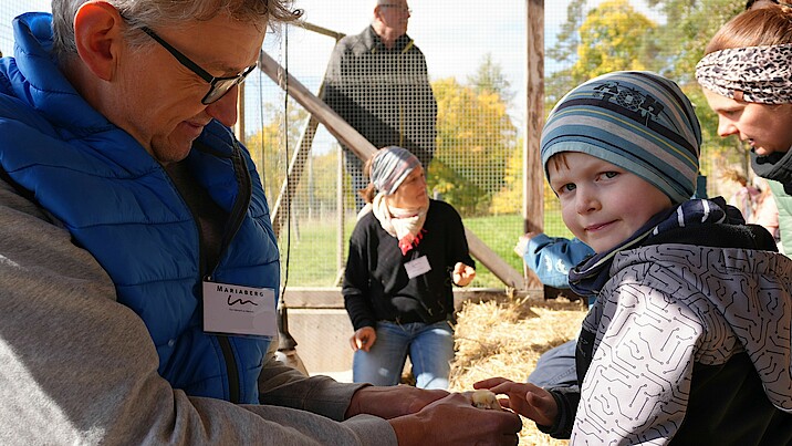 Ein Kind streichelt ein Küken, das von einem Erwachsenen in der Hand gehalten wird.