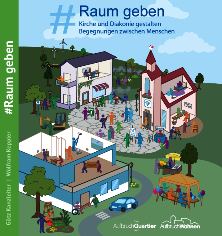 Das Bild zeigt eine Grafik mit Menschen, Häusern, einer Kirche und einem Platz