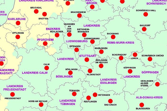 Der Kartenausschnitt zeigt Standorte in Baden-Württemberg mit roten Punkten