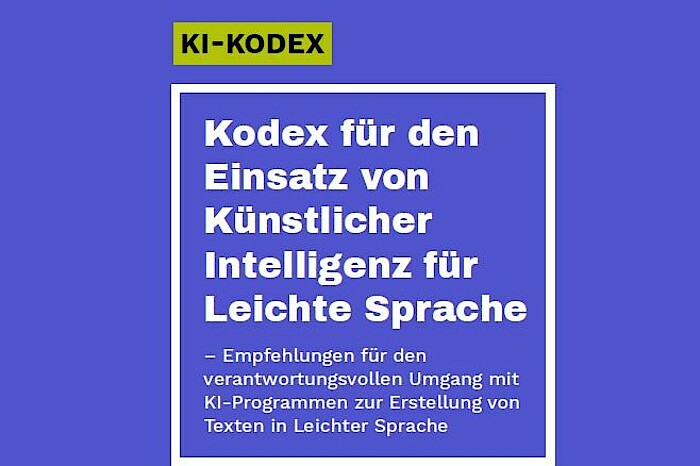 Eine lila Seite mit dem Titel "Kodex für den Einsatz von Künstlicher Intelligenz für Leichte Sprache"