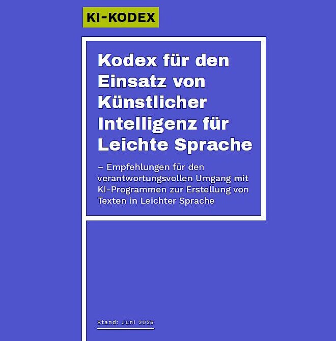Eine lila Seite mit dem Titel "Kodex für den Einsatz von Künstlicher Intelligenz für Leichte Sprache"