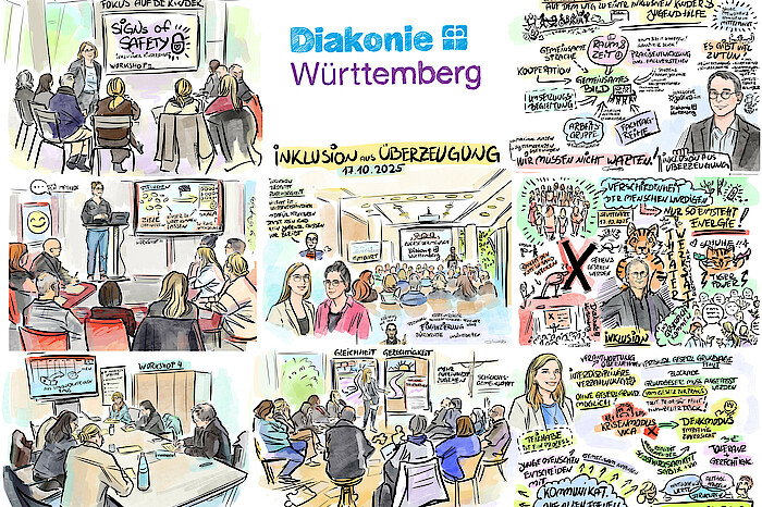 Die comicartige bunte Zeichnung zeigt verschiedene Momente des Fachtags mit Menschen im Gespräch