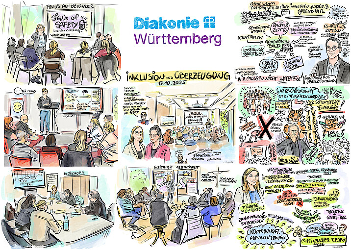 Die comicartige bunte Zeichnung zeigt verschiedene Momente des Fachtags mit Menschen im Gespräch