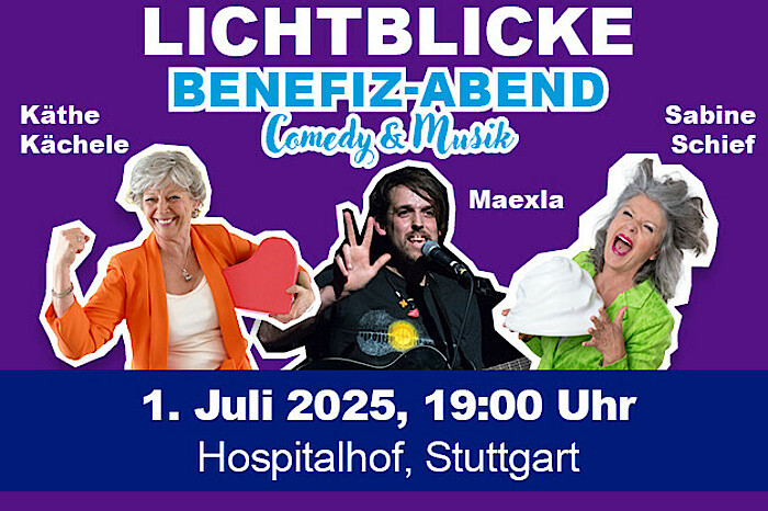 Lila Plakat mit großer weiß-blauer Schrift "Lichtblicke Benefiz-Abend" und Fotos der drei Künstler