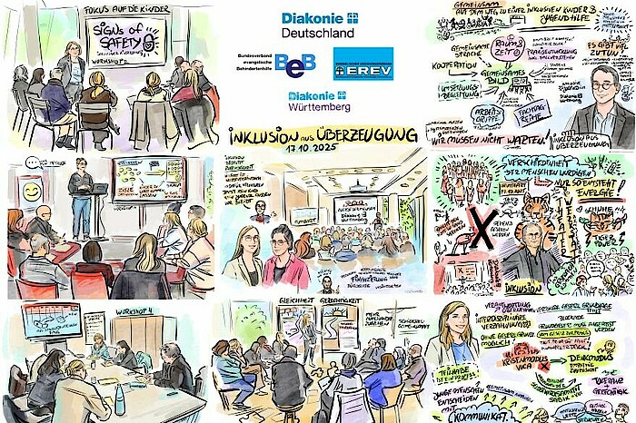 Das Bild zeigt Zeichnungen im Comicstil. Menschen sitzen bei der Fachtagung zusammen und besprechen die Themen. 