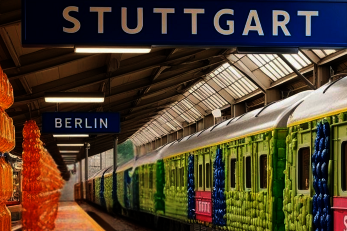 Ein Zug und ein Bahnsteig aus Plastikflaschen sind zu sehen, darüber die Schilder Stuttgart und Berlin.